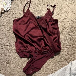 Forever 21 Wine Lace-Trim Satin Bodysuit